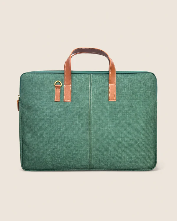 Elegant Green Jute Laptop Sleeve - Minimalist Design with PU Leather Touch