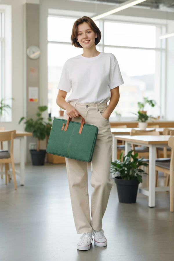 Elegant Green Jute Laptop Sleeve - Minimalist Design with PU Leather Touch - Image 4