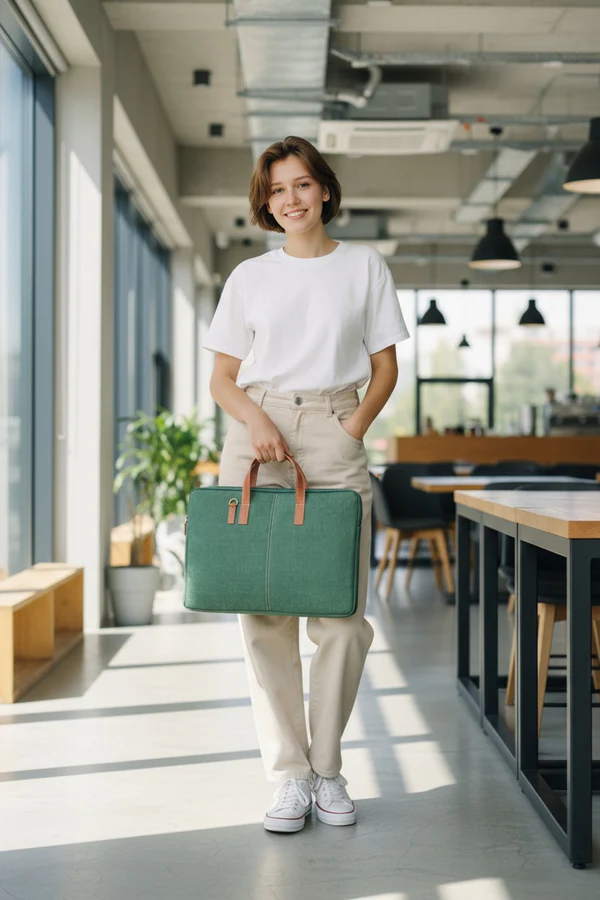 Elegant Green Jute Laptop Sleeve - Minimalist Design with PU Leather Touch - Image 3
