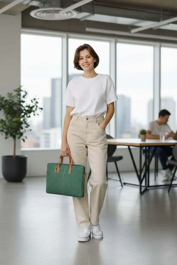 Elegant Green Jute Laptop Sleeve - Minimalist Design with PU Leather Touch - Image 2