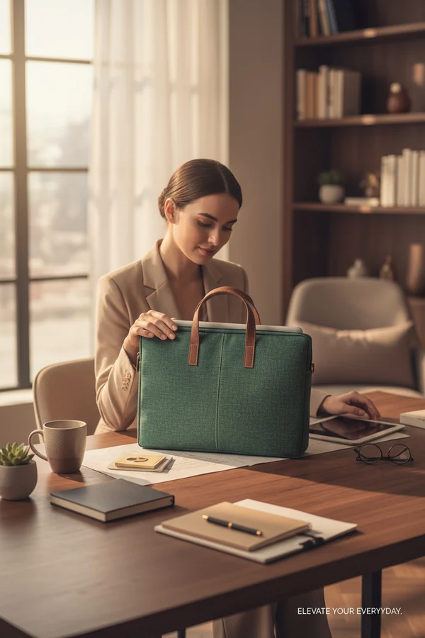 Elegant Green Jute Laptop Sleeve - Minimalist Design with PU Leather Touch - Image 11