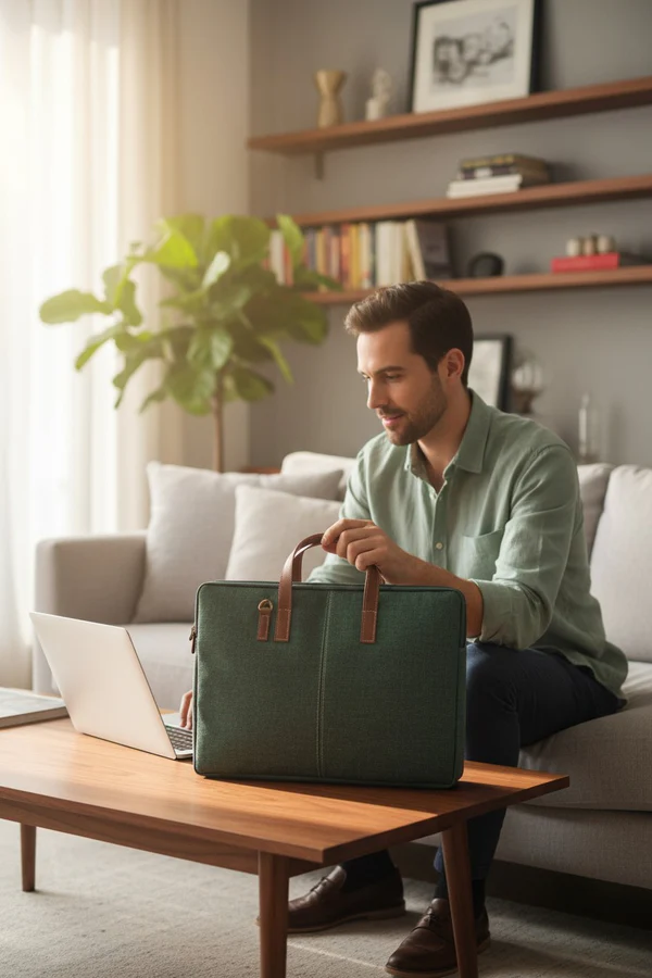 Elegant Green Jute Laptop Sleeve - Minimalist Design with PU Leather Touch - Image 10