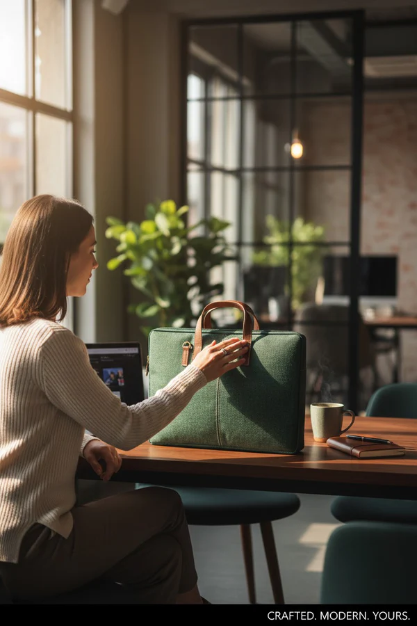 Elegant Green Jute Laptop Sleeve - Minimalist Design with PU Leather Touch - Image 8