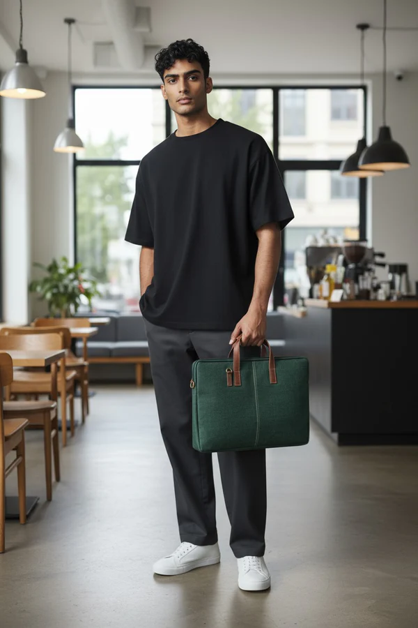 Elegant Green Jute Laptop Sleeve - Minimalist Design with PU Leather Touch - Image 6