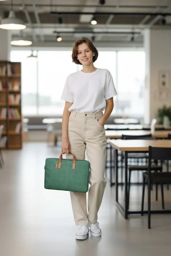 Elegant Green Jute Laptop Sleeve - Minimalist Design with PU Leather Touch - Image 5