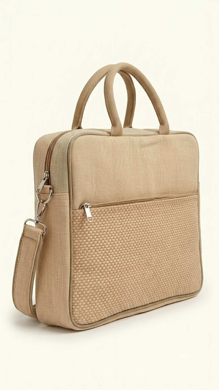 Premium Jute Fabric Laptop Briefcase – Dual-Texture Front - Image 3