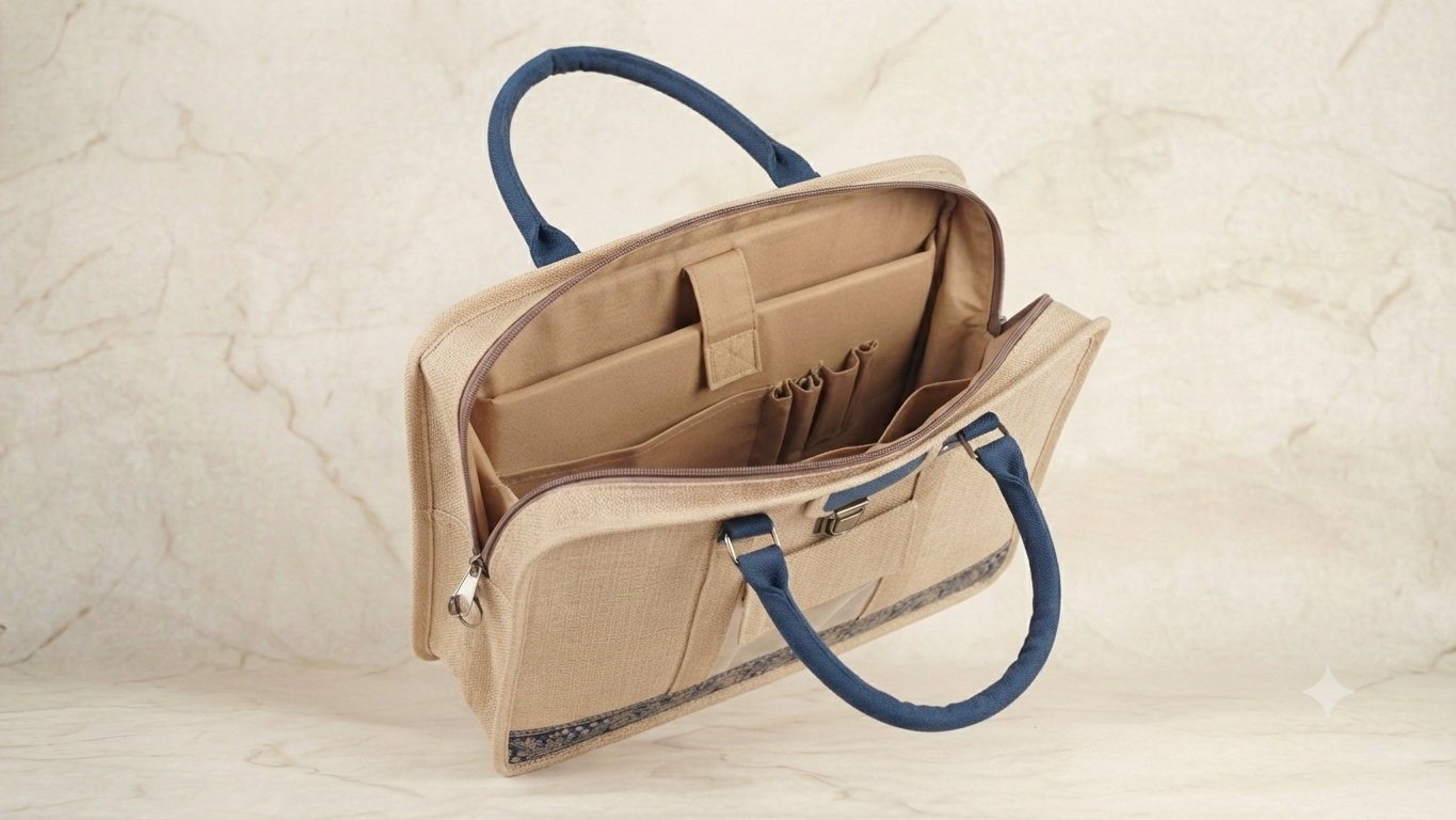 Handcrafted Ethnic Jute Laptop Briefcase with Traditional Border Accent & Blue Trim - Image 2