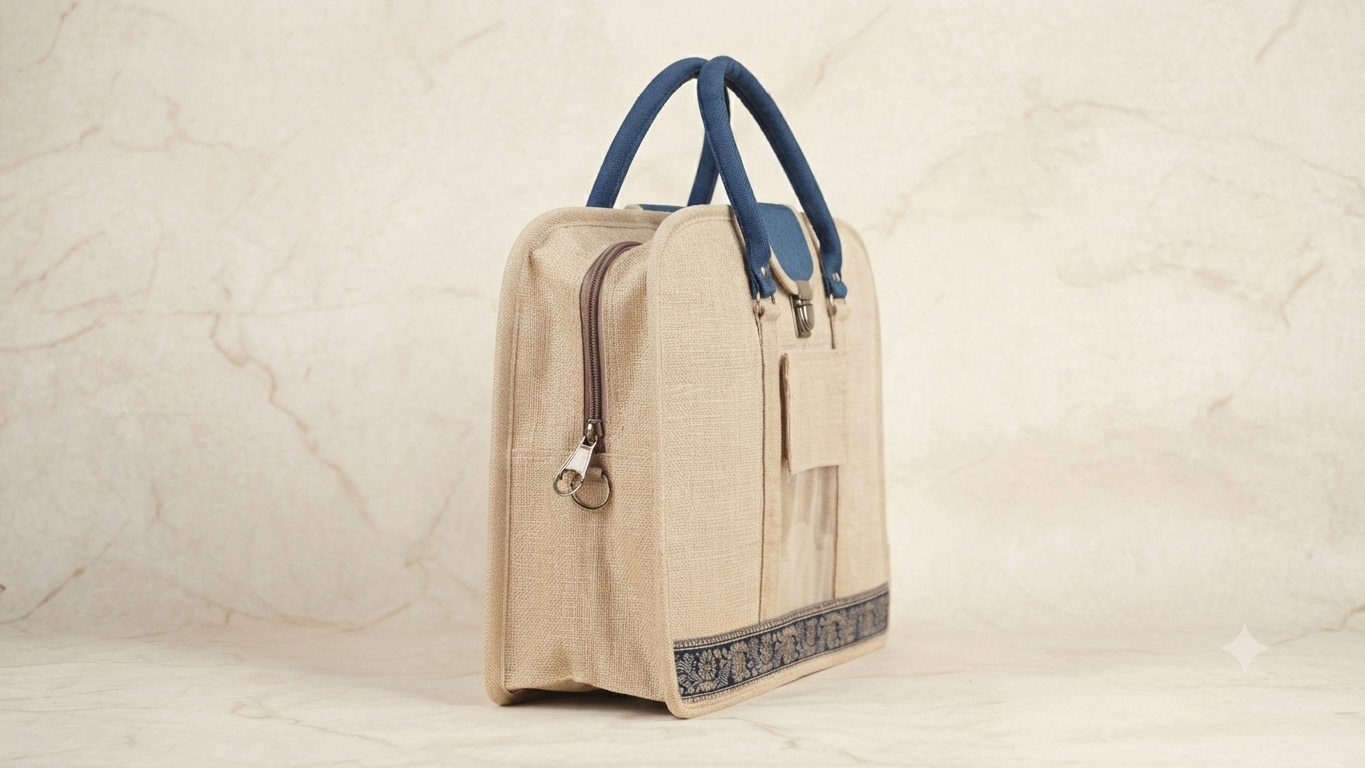 Handcrafted Ethnic Jute Laptop Briefcase with Traditional Border Accent & Blue Trim - Image 3