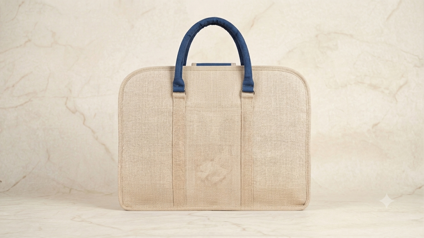 Handcrafted Ethnic Jute Laptop Briefcase with Traditional Border Accent & Blue Trim - Image 4