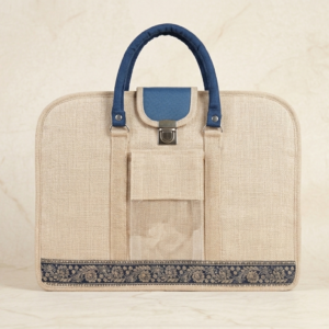 Handcrafted Ethnic Jute Laptop Briefcase with Traditional Border Accent & Blue Trim