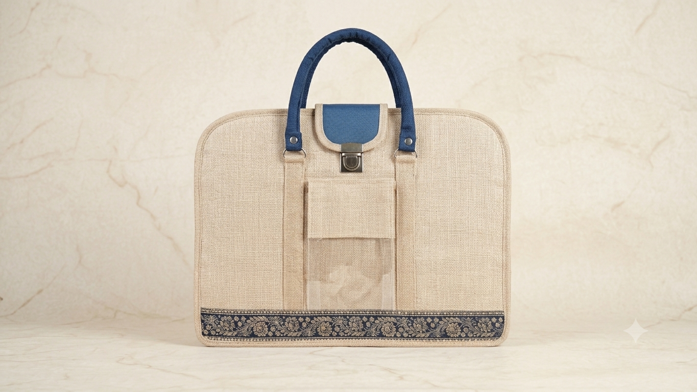Handcrafted Ethnic Jute Laptop Briefcase with Traditional Border Accent & Blue Trim